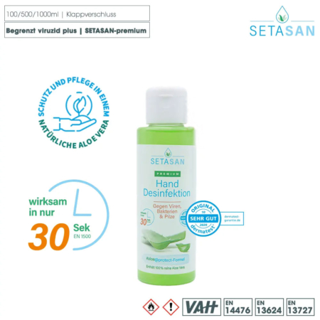 SETASAN premium Handdesinfektion mit 100% echte Aloe Vera mit praktischen Dosier-/Klapp-Verschluss (100ml)