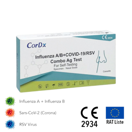 Der Kombitests (Combotest) von CorDx ist ein 4-in-1-Antigen Test zum Nachweis von SARS-CoV-2, Influenza A/B sowie RSV.