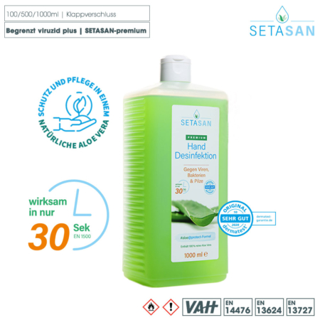 SETASAN premium Handdesinfektion mit 100% echte Aloe Vera mit praktischen Dosier-/Klapp-Verschluss (1000ml)